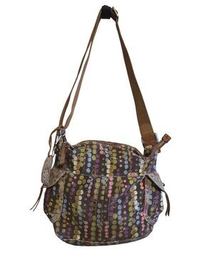 Vintage Fossil Multicolor Dot Canvas Crossbody Bag With Key & Pockets distressed